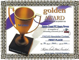 FACUG 2008 Newsletter Contest 1st Place Certificate