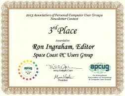 APCUG 2013 Newsletter Contest 3rd Place Certificate